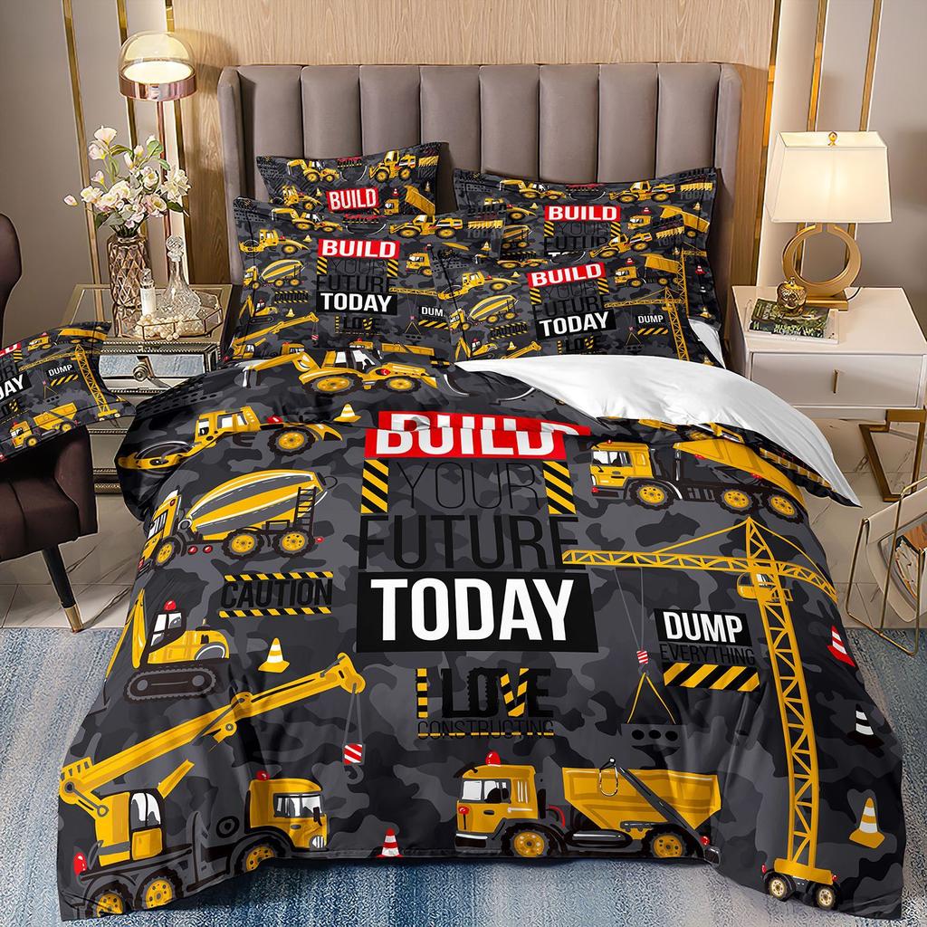 Construction Vehicle Excavator Truck Fire Truck 3D Digital Printing Bed Three-Piece Quilt Kit