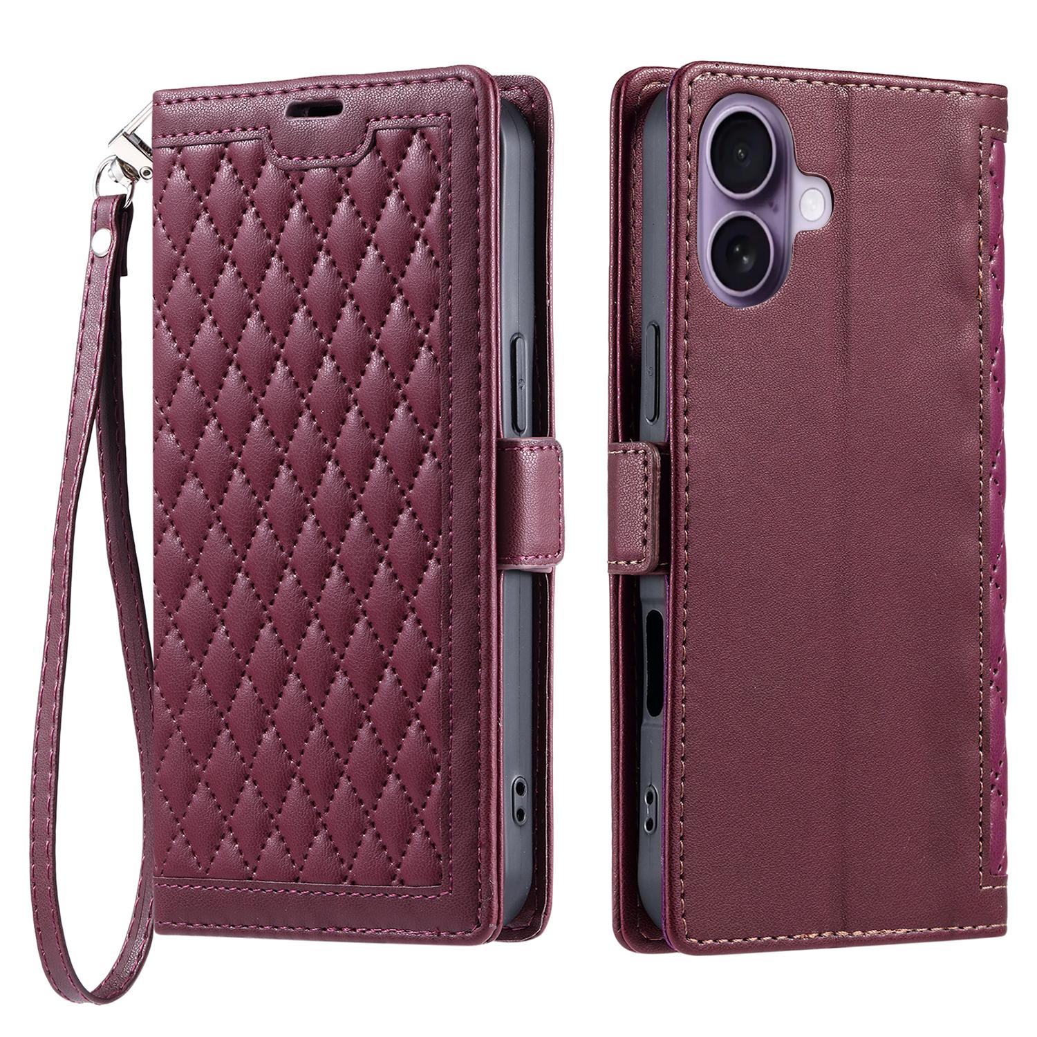

For iPhone 17 Leather Case Rhombus Texture Wallet Stand Phone Cover with Wrist Strap Wine Red