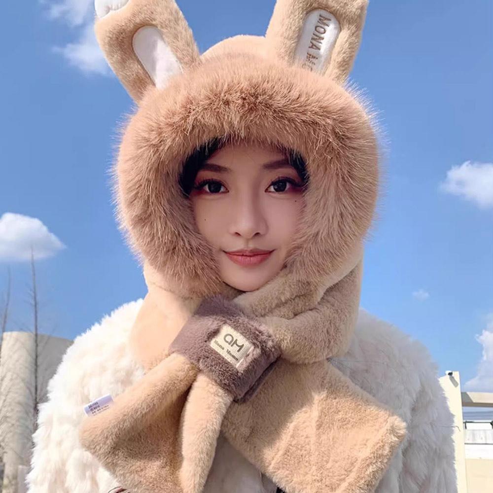 Windproof Integrated Hat Scarf Set Soft Cozy Russian Hat  for Women