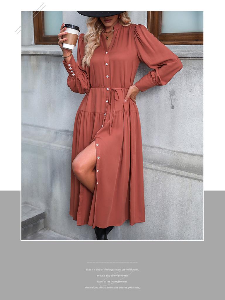 Spring Outwear Vintage Elegant Long Sleeve Solid Color Versatile Dress