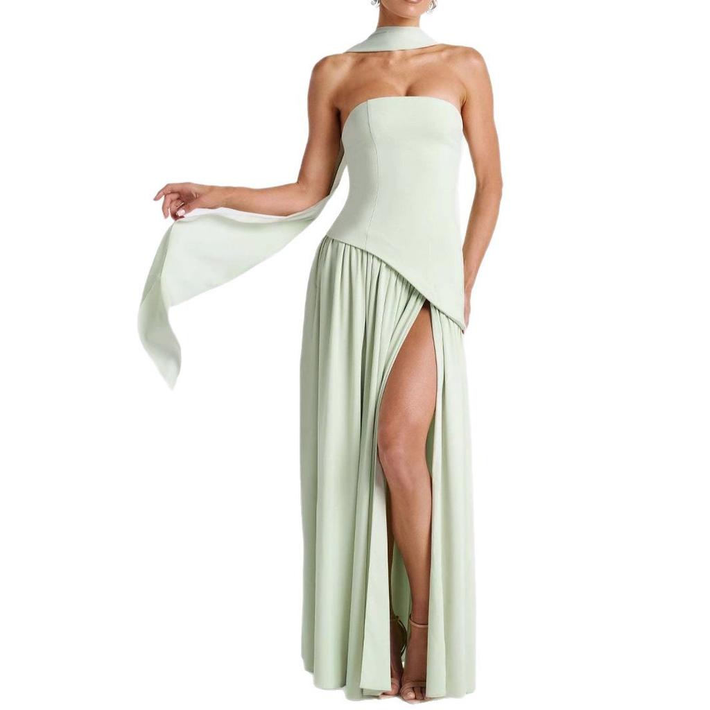Women's Tube Top Solid Color Split Dress Fashionable and Sexy Halter High Split Dress