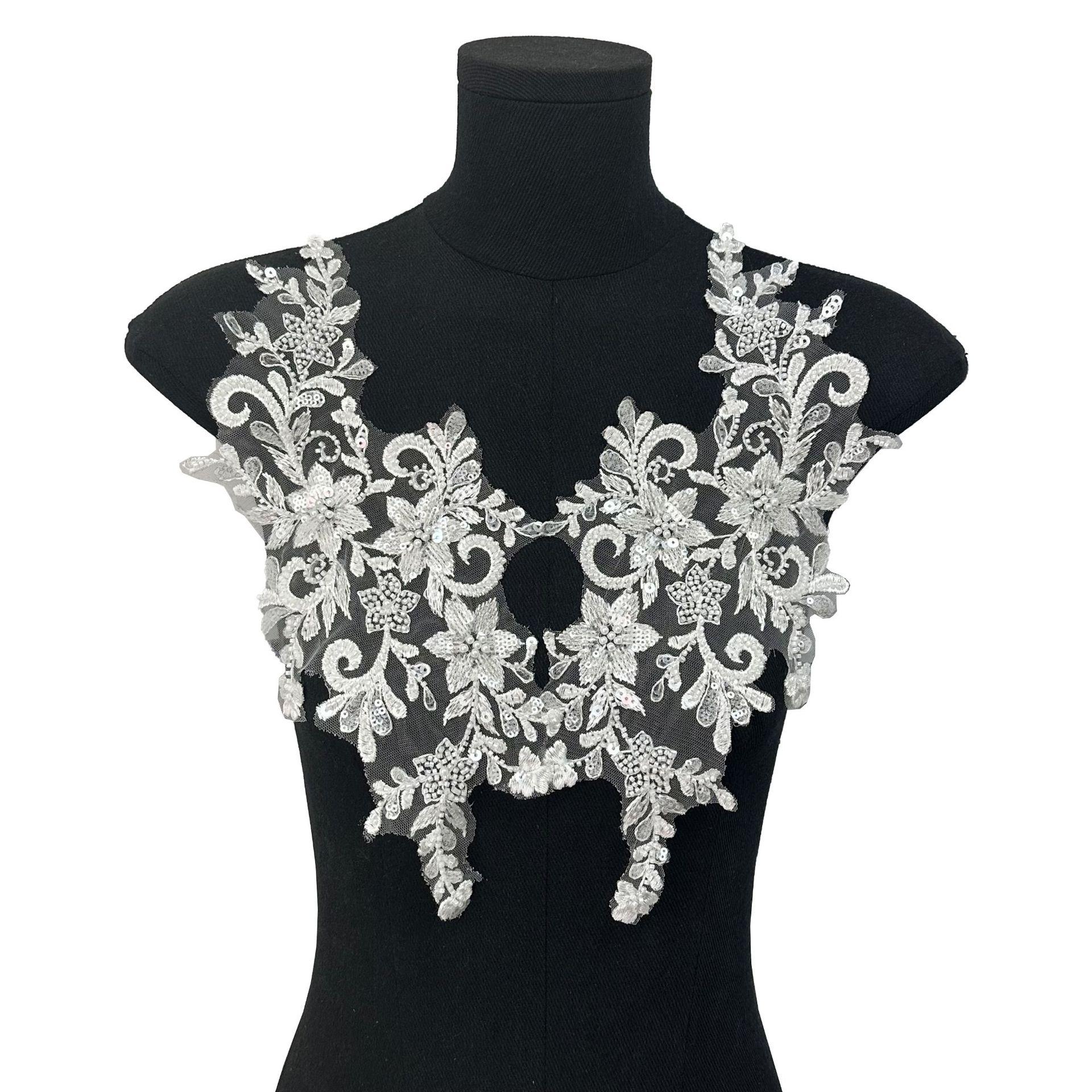 

White Bead Embroidery Sequins Flower Embroidery Cloth Sticker Hollow Clothing Accessories Wedding Dress Lace Accessories Decoration HF20 pair