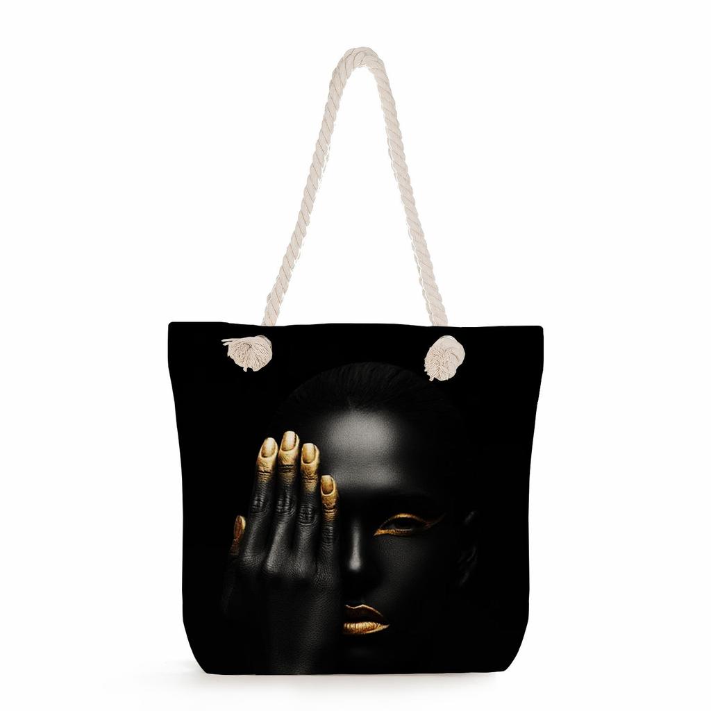 Multifunctional Cool Black People Printed Thick Rope Shoulder Beach Bag Casual Large Capacity Handbag 0114