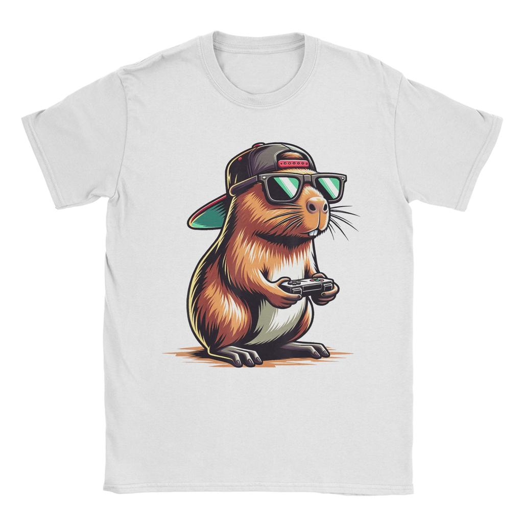 Cool Capybara Playing Video Games Men T Shirts Vintage Tee Shirt Short Sleeve Crew Neck TShirt Cotton Summer Clothing