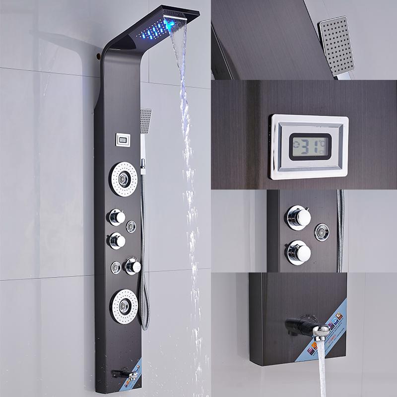 ALENARTWATER Bathroom Shower Panel LED Waterfall Shower Water Top Spray Temperature Display Faucet Back Massage with Water Tap