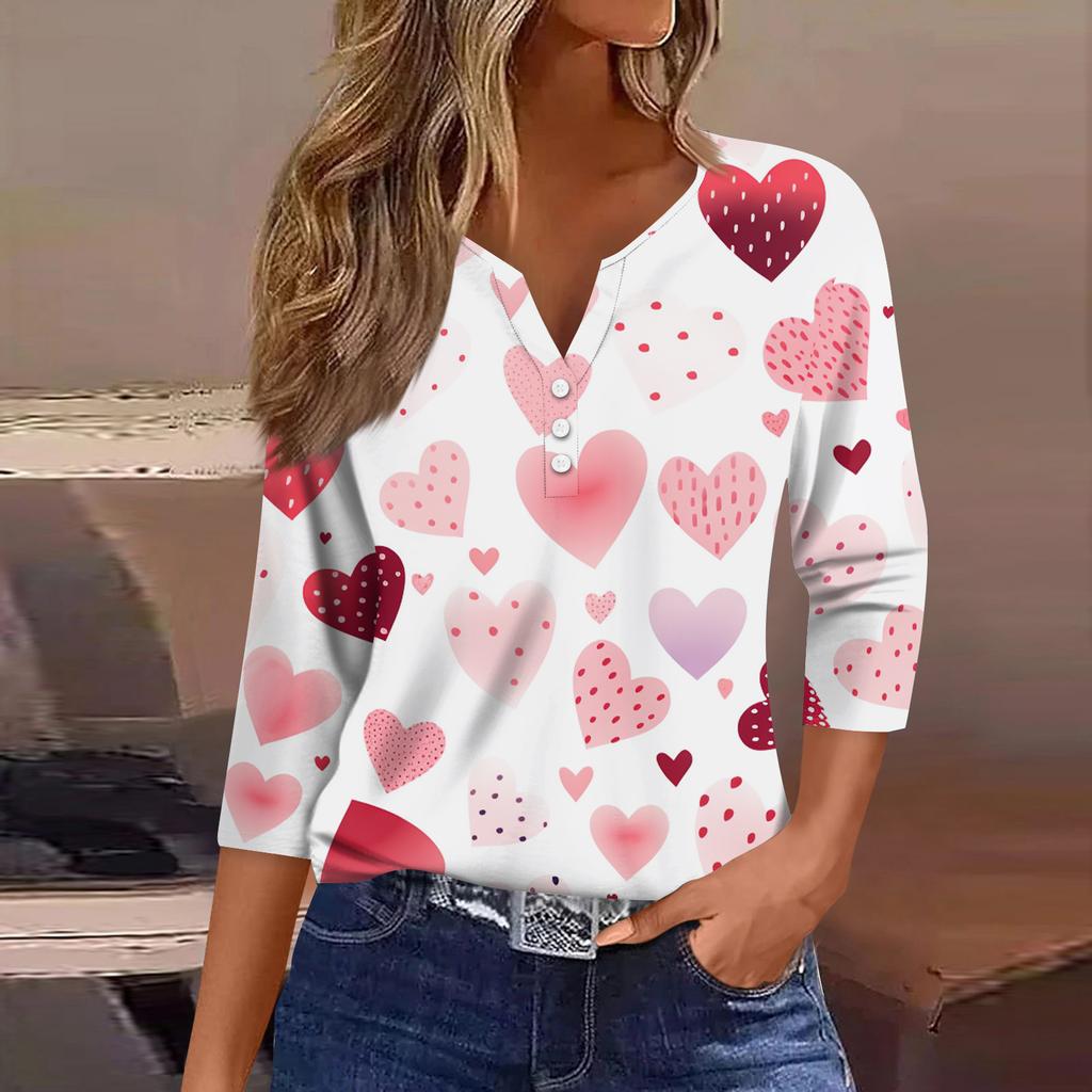 Women's Fashion Button-Up V-Neck Three-Quarter Sleeve Valentine's Day Print Top