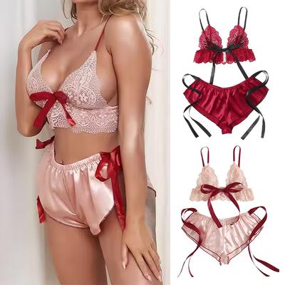 Women Sleepwear Satin Lace Ruffle Bra Camisole Bow Ribbon Bedroom Pajama Solid Color Night-clothes Summer 2pcs/set