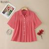 ZANZEA Women Casual Turn Down Collar Loose Short Sleeve Plaid Print Blouse