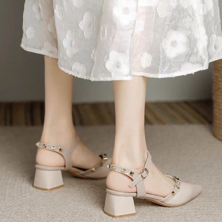 Medium Heel Thick Heel Bag Head Sandals French Versatile Fairy Style Pointed Single Shoes Female 2025 Summer and Autumn New Non-slip Fashion