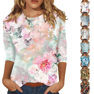 Damenmode Lässig Rundhals Bedrucktes 3/4 T-Shirt Top