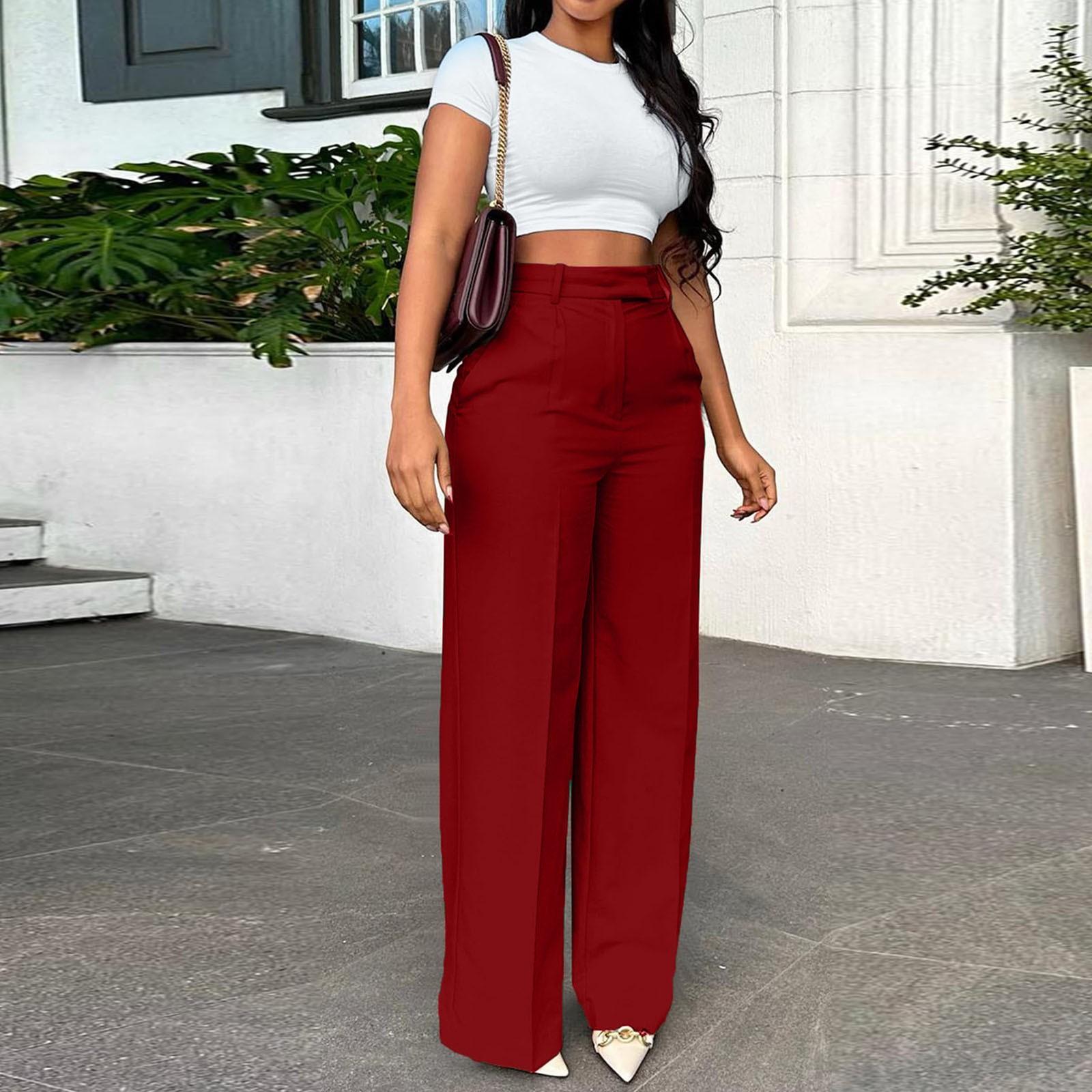 

Высокая талия Драпированные Прямые Широкие Штаны Повседневные Официальные Брюки Для Женщин XXXL винный