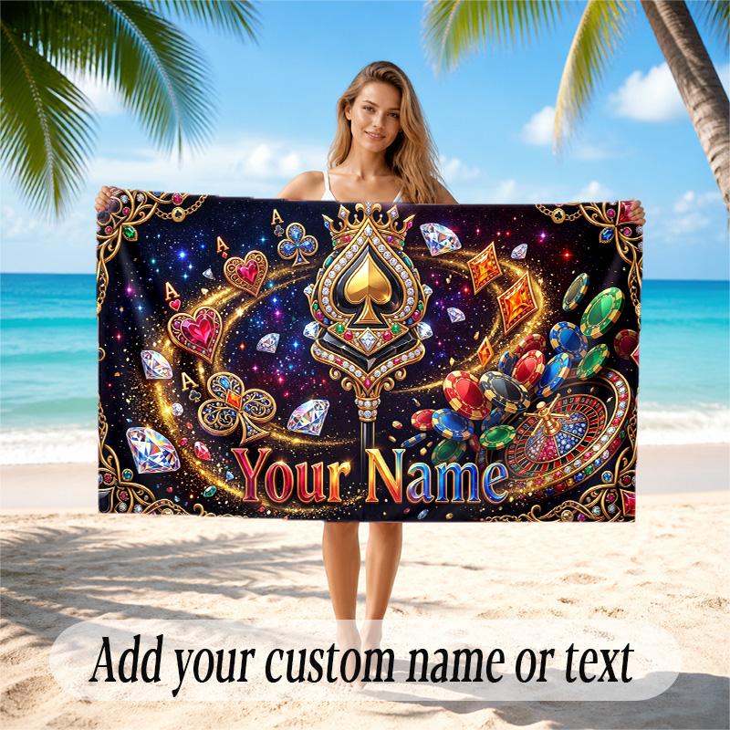 Cards Casino Theme Quick Dry Beach Towel Custom Name Text Print Large Sand Resistant Towel Beach Vacation