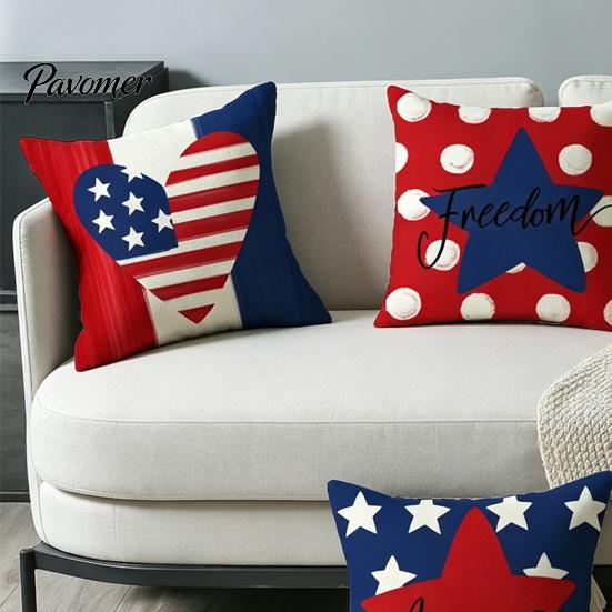 Linen Pillowcase 4th of July Pillow Cover, Independence Day with Red Blue Stripes Hearts Fourth Of Cover Stars Print, Sofa Cushion for Bed Couch