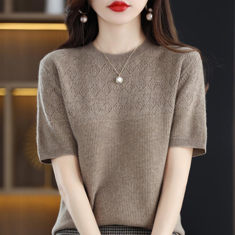 Gestricktes T-Shirt Damen Frühling und Sommer Rundhals Diamantloch Kurzarm Damenmode Gestrickt Halbarm Damen Oberteil