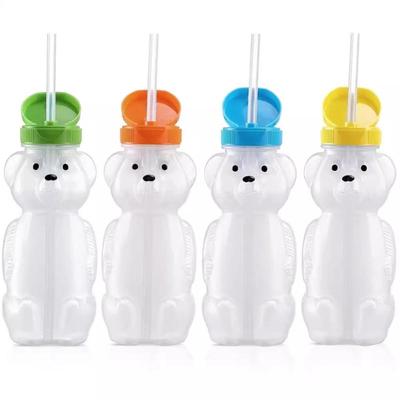 Tasse à paille en forme d'ours en miel de dessin animé avec pailles flexibles Tasse compressible étanche Mignonne tasse compressible résistante aux fuites pour bébés