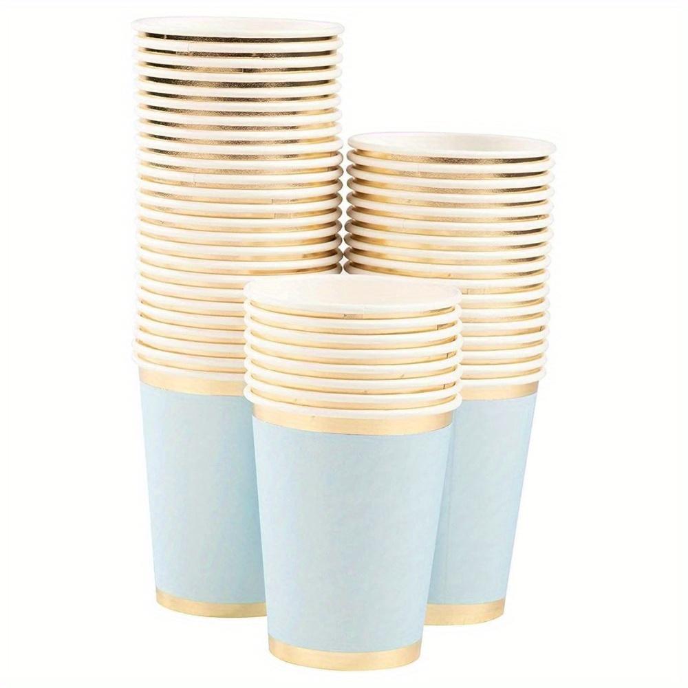 16pcs Light Blue Paper Cups - Blue Disposable Cups 9.5 Oz Golden Blue Paper Cups with Sparkly Golden Foil Border Disposable Paper Cups