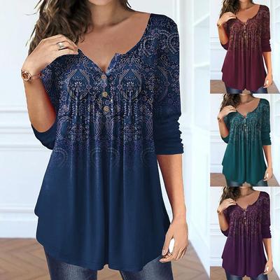 2025 European & American Plus Size Autumn Women's Print Button Long Sleeve Top T-shirt
