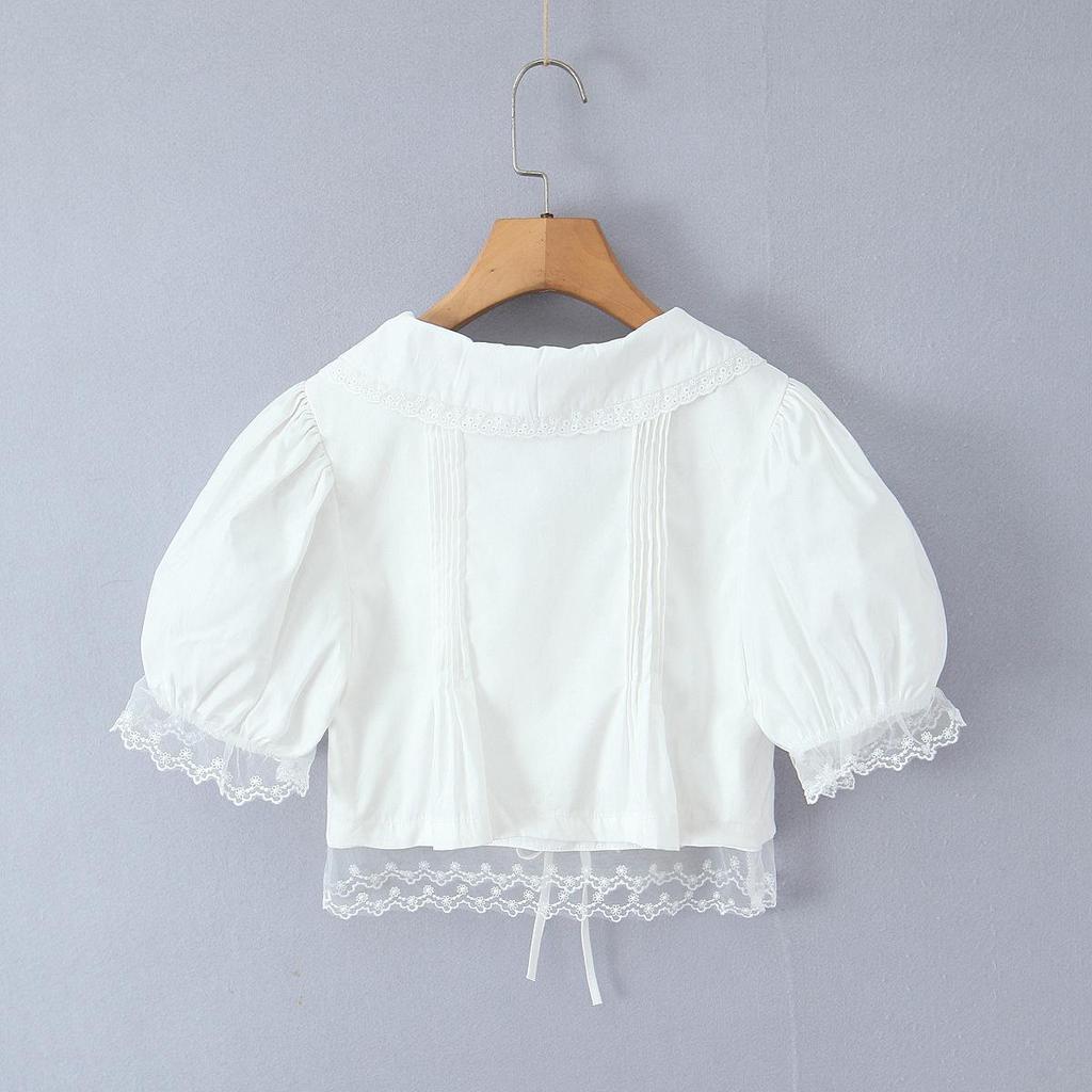 2025 Autumn Women's White Mesh Shirt with Doll Collar & Lace Puff Sleeves