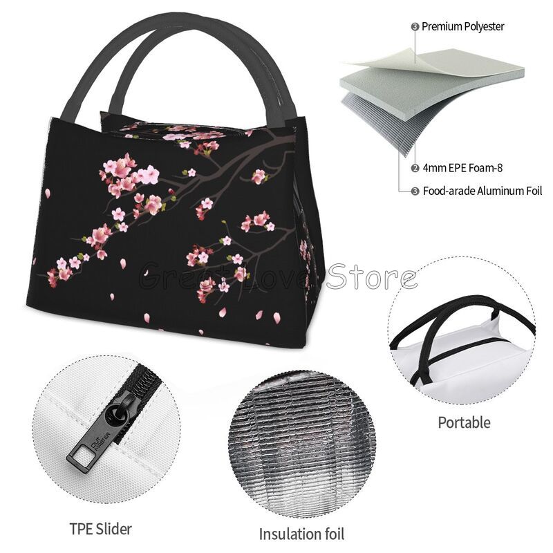 Borsa Termica Pranzo con Stampa Fiori di Ciliegio Sakura Giapponesi Riutilizzabile Portatile per Donna Scatola Pranzo Isolante per Viaggio Picnic Lavoro