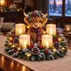 Holiday Resin Ornaments Lighted Highland Cow Christmas Table Centerpiece, Flickering LED Flameless Candles, Frosted Red Berry Seasonal Accents