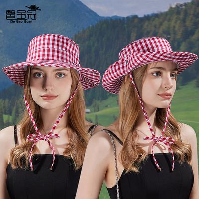 Spring and Summer Big Brim Outdoor Hiking Hat Plaid Strap Bucket Hat Big Head Circumference Sunshade Sun Protection Hat Children