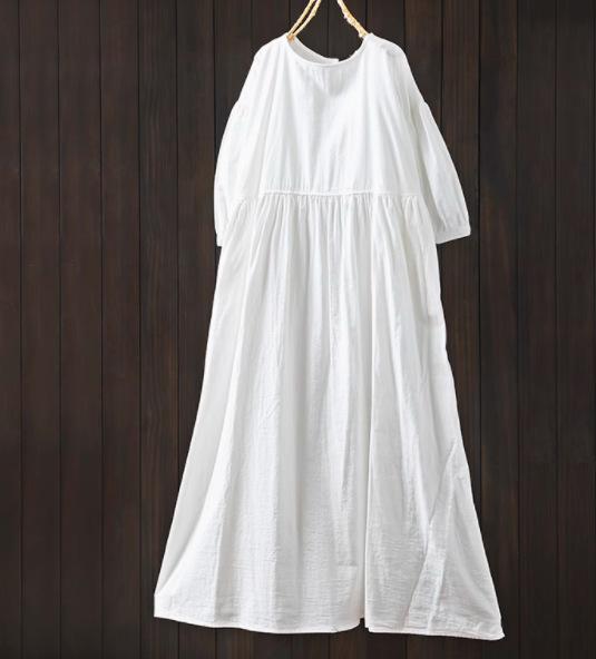 Johnature Women Vintage Dresses O-Neck Half Sleeve Soft Solid Color Summer Casual A-Line Female Dress