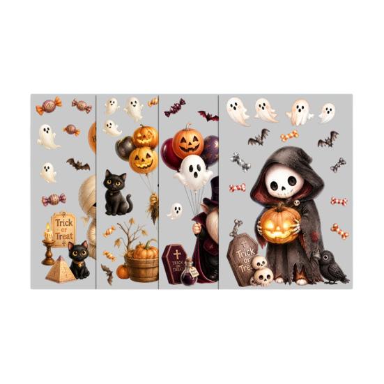 Decorative Glass Decals for Party 4Pcs Halloween Cartoon Window Clings, Pumpkin Ghost Scarecrow Stickers, Waterproof Murals Removable Home