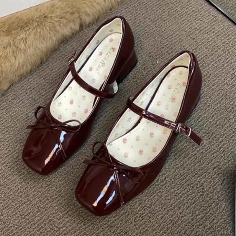 Elegant Girl Lolita Thick Heel Bow One-word Buckle Mary Jane Shoes Red Patent Leather High Heel Round Head Single Shoes Women