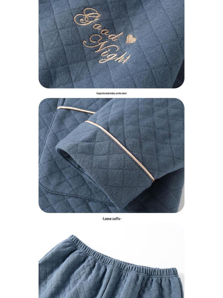 Męska Pikowana Piżama z Bawełny Powietrznej - Ciepły Zestaw z Długim Rękawem na Jesień/Zimę