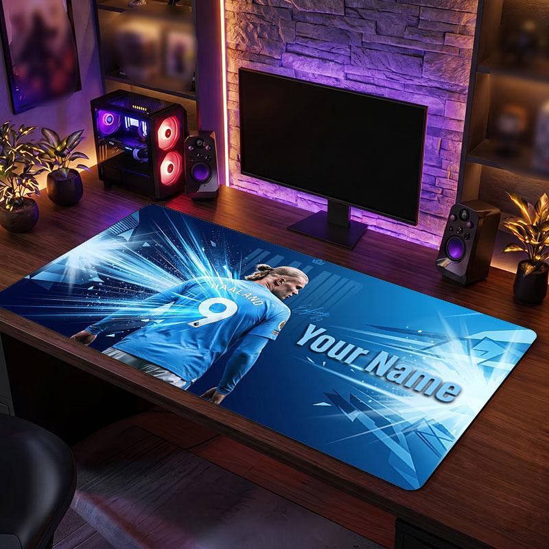 Erling Haaland Custom Large Mouse Pad, Personalized Name Text Print, Football Logo Non‑Slip Desk Mat Gaming Gift