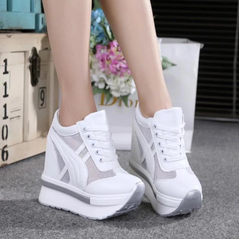 Fashion Women Platform Sneakers 2025 Summer Breathable Mesh Shoes Women Wedges Heels Casual Shoes 11 CM Thick Sole Trainers White Shoes