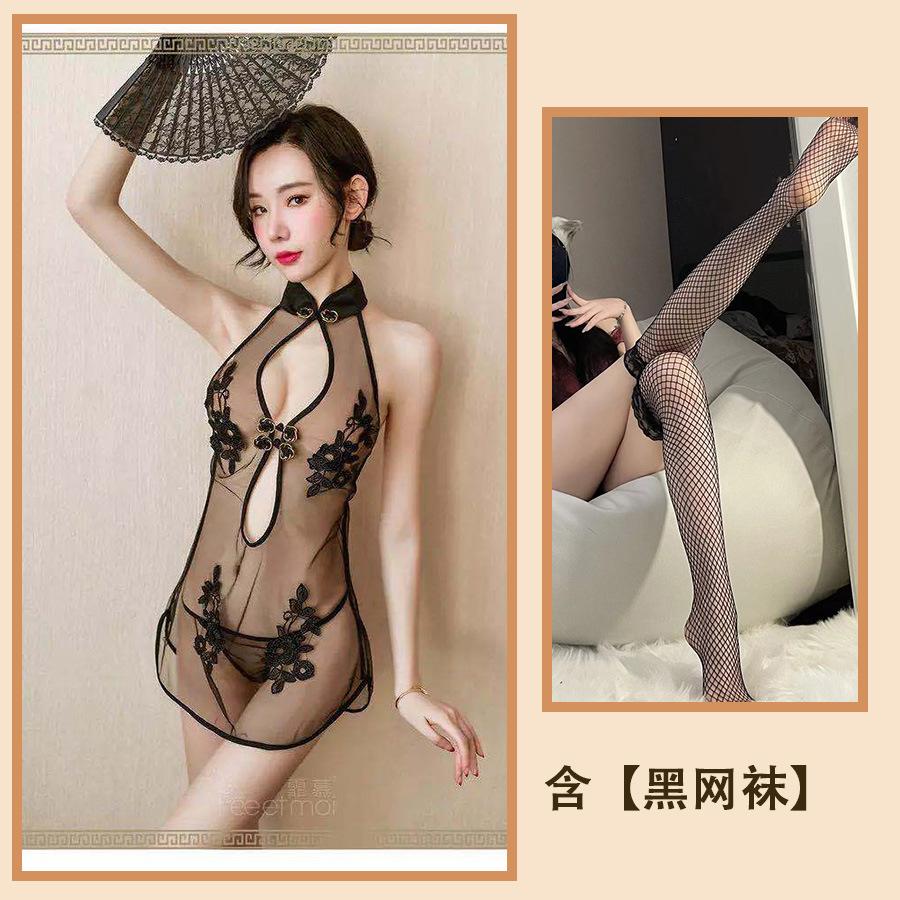 Sexy Sexy Lace Slit Free Uniform Mesh Classical Embroidery Cheongsam Temptation Perspective Set