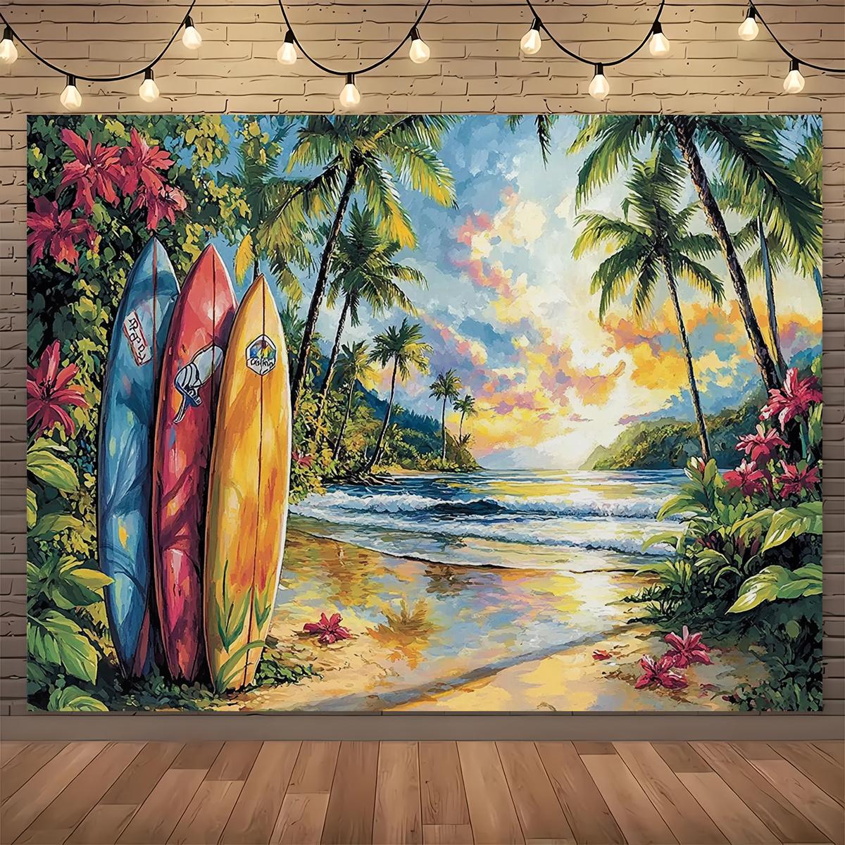 1 vibrant tropical beach sunset backdrop with surfboard polyester fabric perfect for beach parties and photography 100x150cm