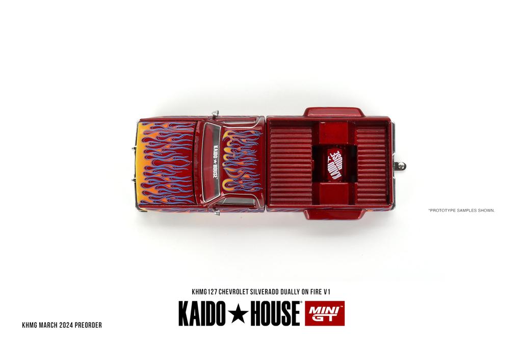 True Scale Miniature Model Car Chevrolet Silverado Dual On Fire V1 Red and Flame Limited Edition Diecast Model Car by Kaido House KHMG127 1/64