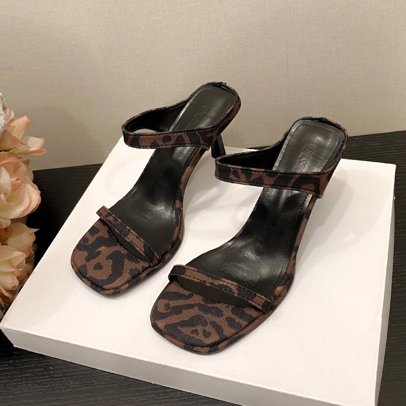 French new square head open-toe word with back empty solid color casual versatile one-pedal stiletto women's high-heeled cool slippers