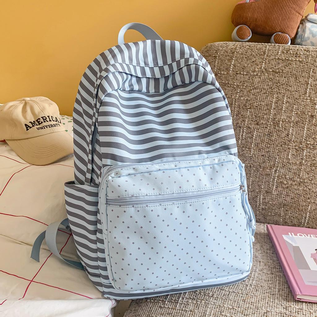 Cartella: Zaino scolastico a righe blu e pois blu mare, zaino da campus alla moda, grande capacità, leggero, zaino versatile ed elegante