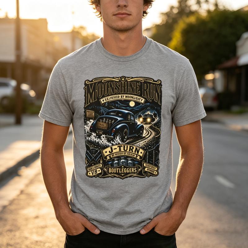 Moonshine Run Vintage TShirt Bootlegger Stock Car Racing History Tee Vintage Night Road Graphic Print Soft Cotton Crew Neck