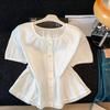 French Style Summer Women Sweet Blouse O Neck White Blue Bow Hollow Out Shirt Short Sleeve Elegant Feminine Ladies' Blouse