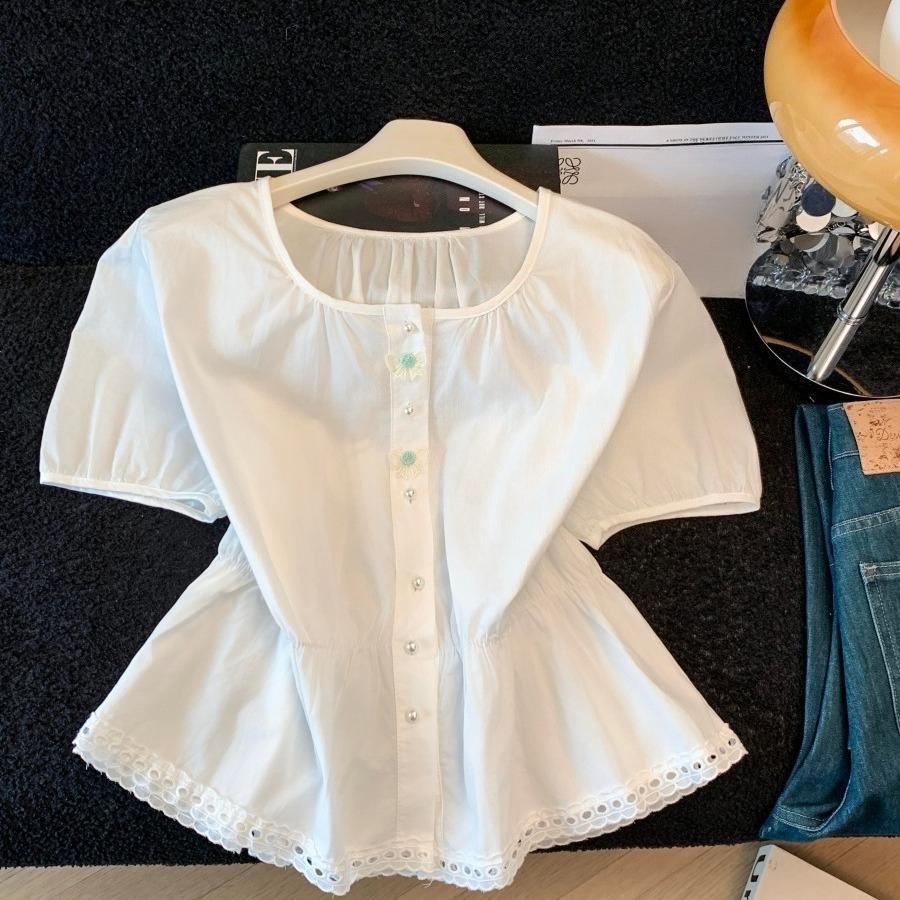 French Style Summer Women Sweet Blouse O Neck White Blue Bow Hollow Out Shirt Short Sleeve Elegant Feminine Ladies' Blouse