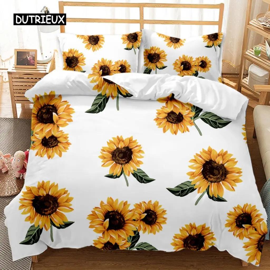 Sunflower Duvet Cover Set Girly Yellow Floral Print Twin Comforter Cover Women Blossom Flowers
