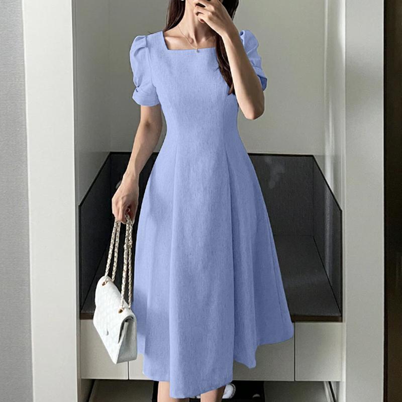 ZANZEA Women Casual Square Collar Short Sleeve Summer A-line Dress