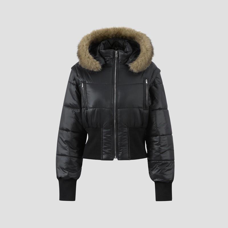 Detachable Sleeve Hooded Puffer Jacket Fall Winter Slim Fit Warm Coat Women