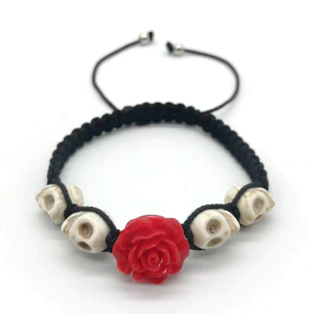 

Подарок на Хэллоуин Акриловые бутоны роз Бусины-черепа Два стиля плетеных вручную регулируемых и эластичных браслетов на веревке для мужчин 19cm