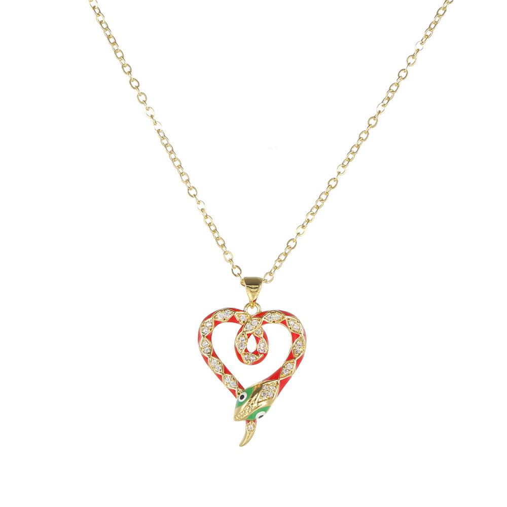 Luxury Copper Snake-Heart Pendant Necklace with Zircon & Glaze