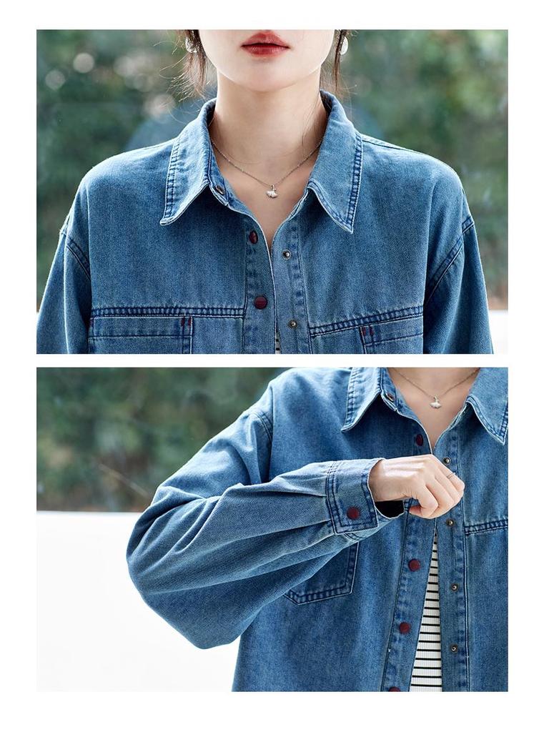 Retro Blue Washed Denim Women's Long Sleeve Shirt Jacket - Spring 2026 Fashion