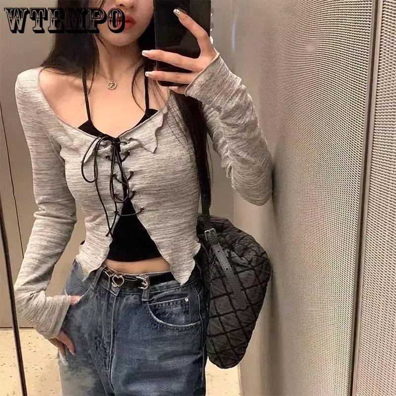 Costum coreean de vară Set 2 bucăți cu bretele casual Camis negru + mânecă lungă Topuri decupate solide Bluză casual șic subțire