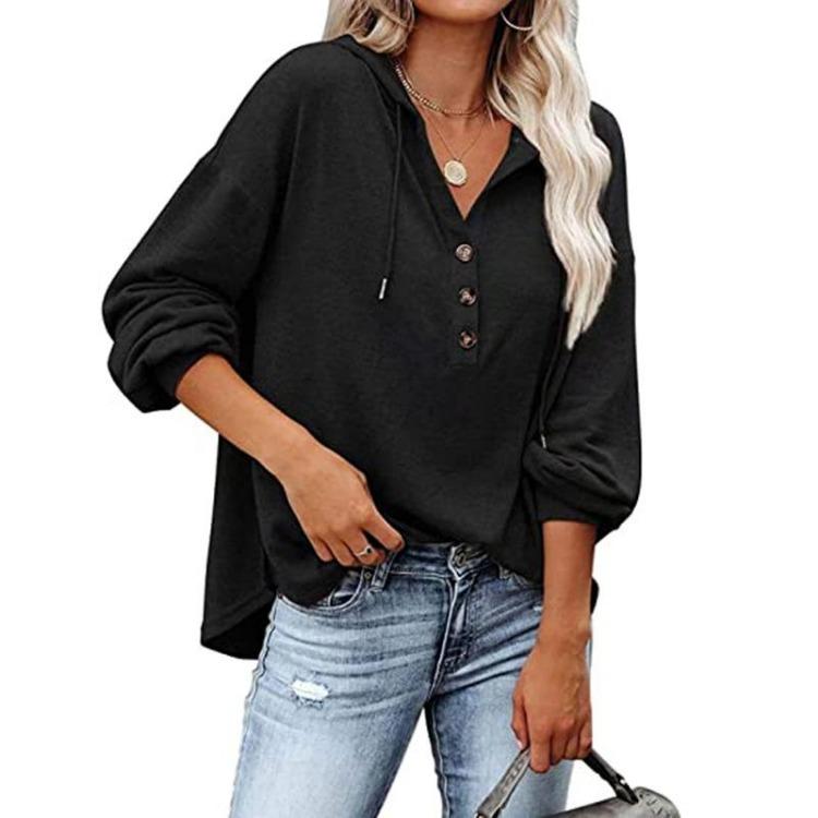 Autumn Winter Women Casual Loose V Neck Hoodie Top Solid Color Single Breasted Shirt