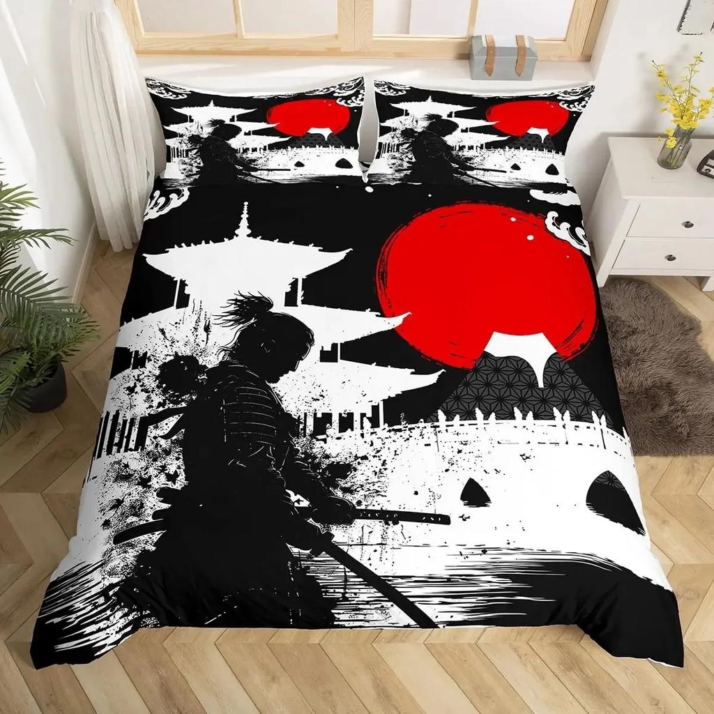 Japanese Samurai Full Size Bedding Set Cherry Blossoms Red Sun Hokusai Duvet Cover Fuji Mountain Quilt Comforter Cover