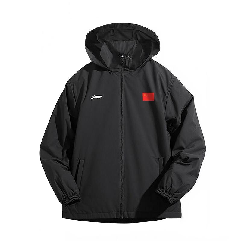 Li Ning Trench Coats Unisex Black Hooded Moderate YFDV197-1+guoqi-tieS M