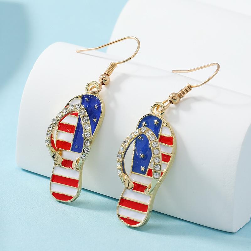 Independence Day Flag Hat, Slippers, Love Earrings, Red, White And Blue Striped Flag Earrings